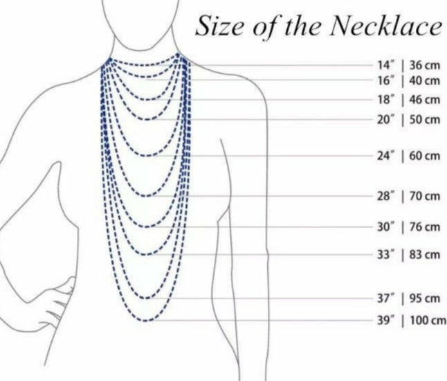 Diagrama de tallas del collar que muestra longitudes desde 14'' (36 cm) hasta 39'' (100 cm), colocado en un torso estilizado.